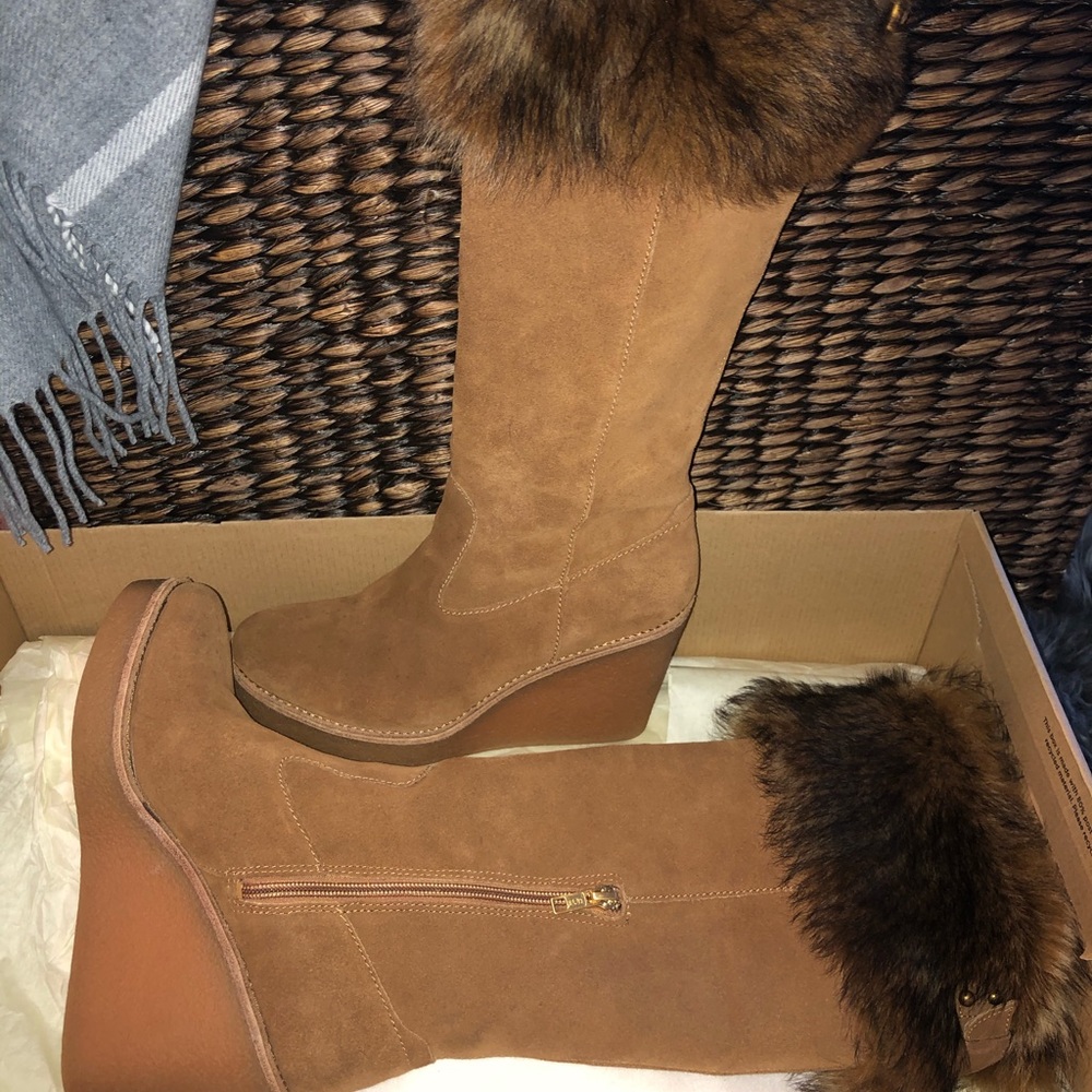 UGG VALBERG TOSCANA FUR WEDGE SUEDE TALL BOOTS